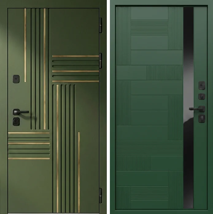 Металлическая зелёная дверь с латунным декором и МДФ №308