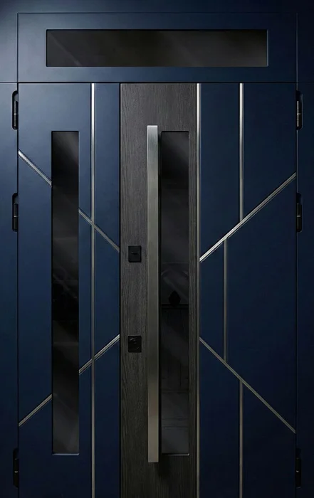 Стальная входная двустворчатая дверь тёмно-синяя с остеклением и геометрией №126