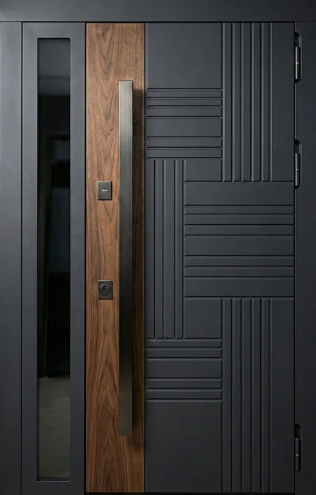 Стальная дверь графит с вертикальным стеклом и вставкой под орех №86