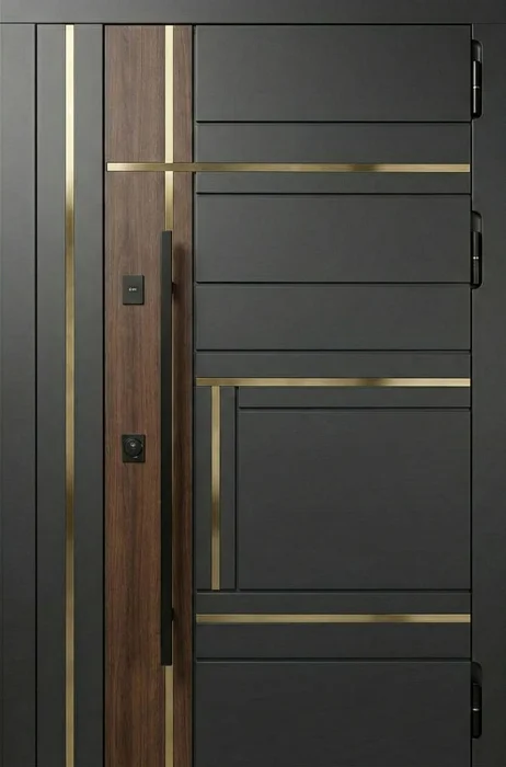 Железная входная дверь графит с латунными вставками для частного дома №122