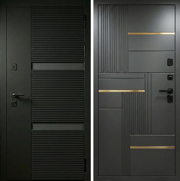 Металлическая дверь графит с рейками и латунными вставками №328