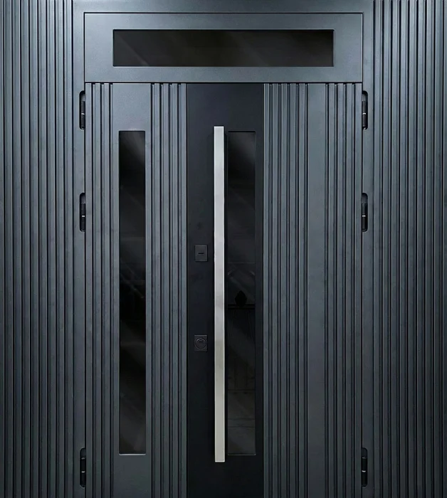 Железная дверь чёрная рифлёная со стеклом и верхним окном №117