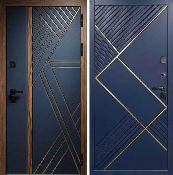 Железная синяя дверь с золотой геометрией для квартиры №314