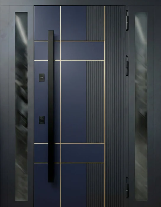 Стальная входная дверь синяя с боковым остеклением и длинной ручкой №40