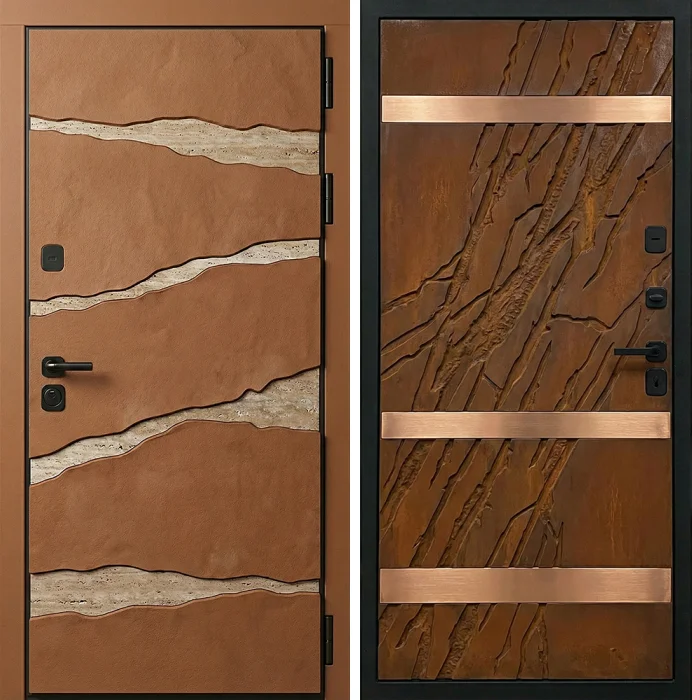Стальная дверь терракотовая и древесная с декоративными вставками №322