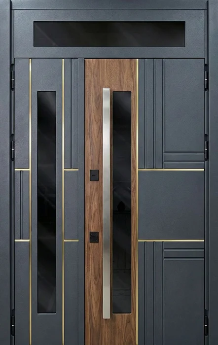 Металлическая входная двустворчатая дверь графит с деревянной вставкой и стеклом №125