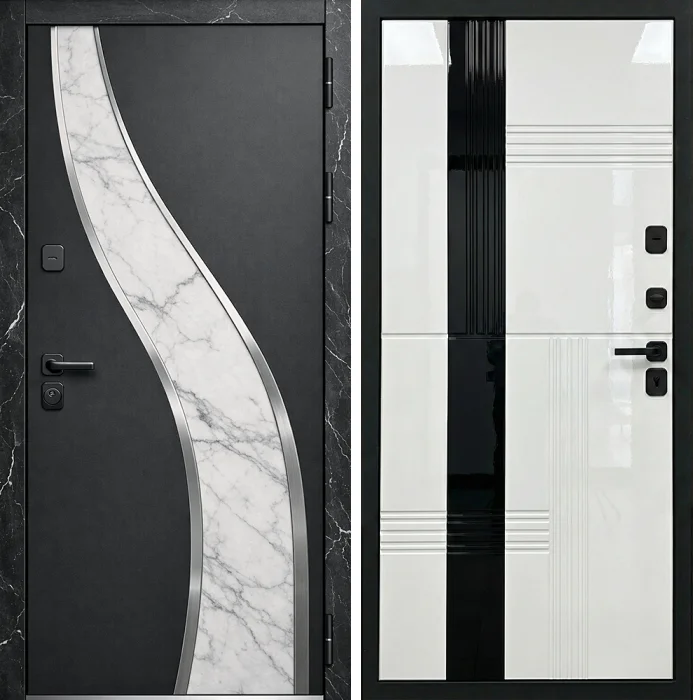 Стальная дверь графитовая с мраморной вставкой модерн №271