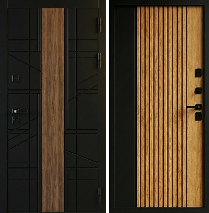 Металлическая дверь черная с рейками и древесной вставкой №267