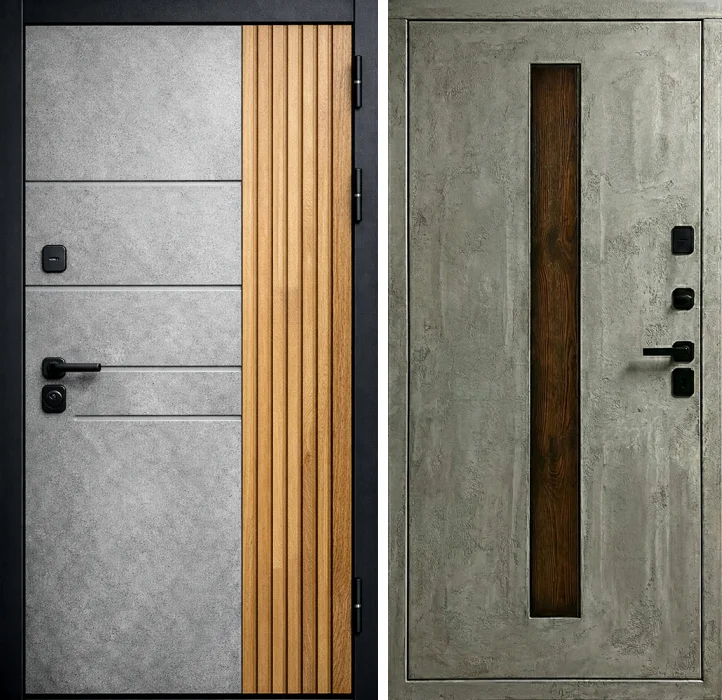 Стальная дверь бетон с деревянными рейками для квартиры №279