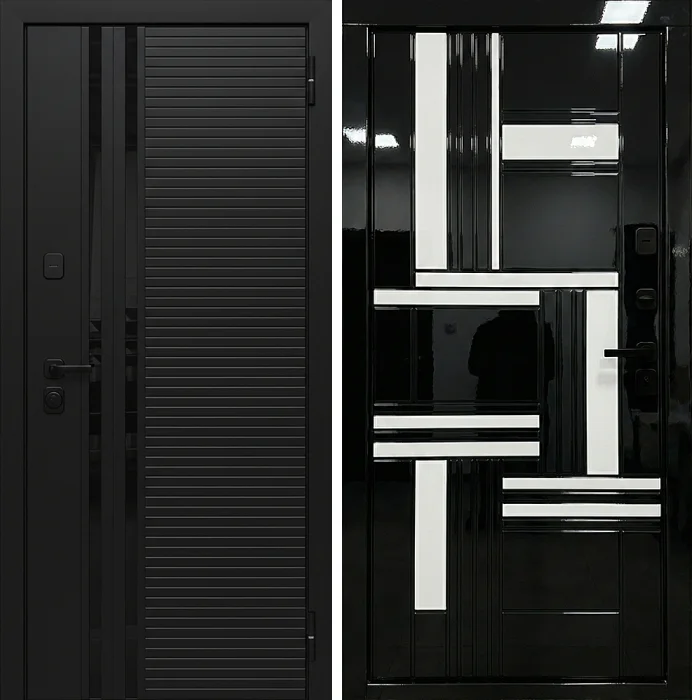 Металлическая черная дверь с глянцевой отделкой внутри и матовой снаружи №182
