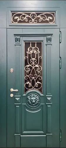 Зелёная входная дверь с элементами ковки №48