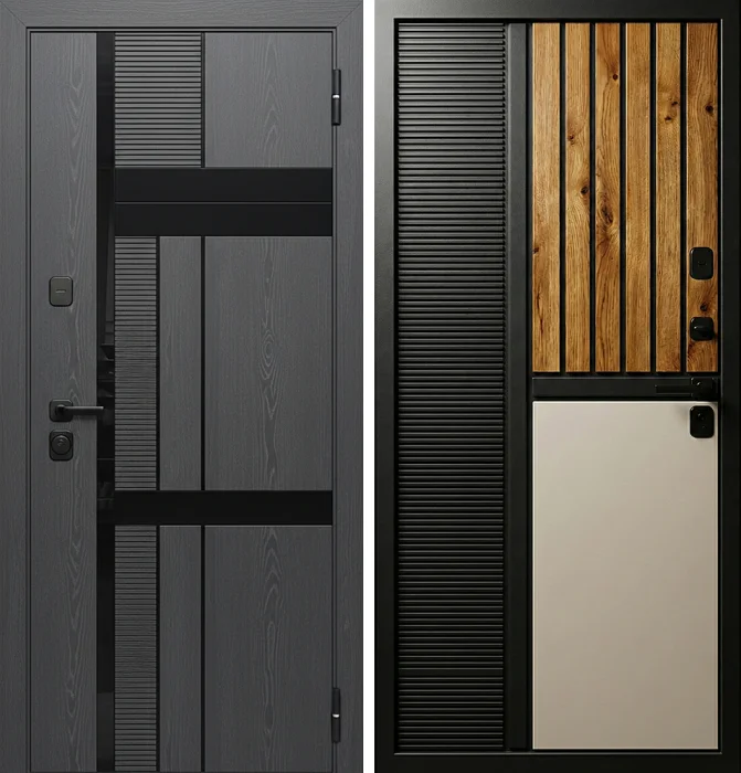 Стальная дверь графит с рейками и светлой вставкой №201