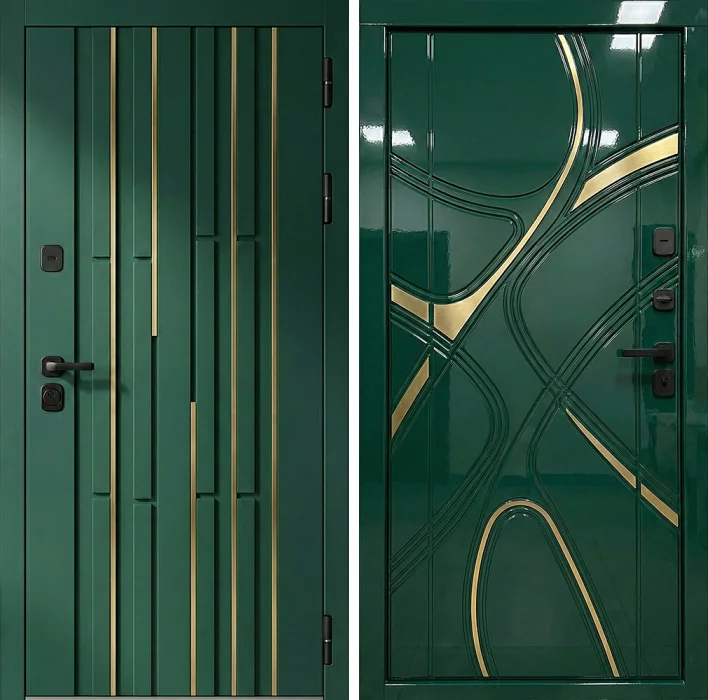 Стальная изумрудная дверь с золотыми вставками арт-деко №300