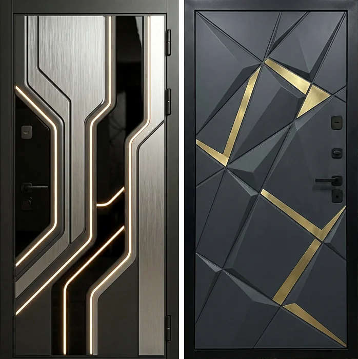 Входная дверь графитовая с золотыми вставками и световыми линиями №278