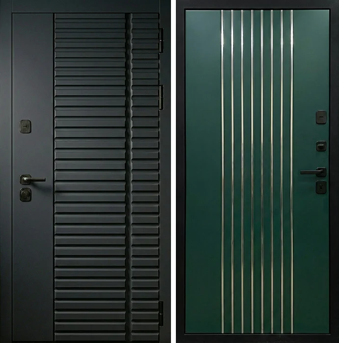 Металлическая дверь чёрная рифлёная с зелёной панелью №217