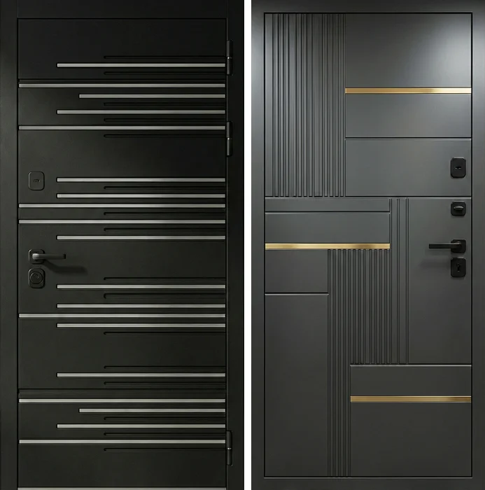 Металлическая дверь графит с золотыми вставками модерн №301