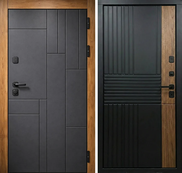 Металлическая дверь графитовая с рейками и дубовой вставкой №282