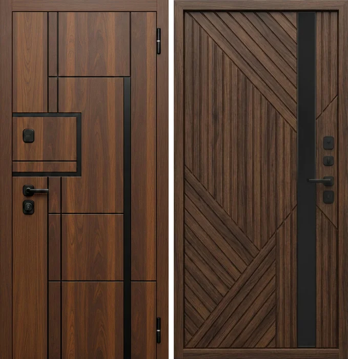 Стальная дверь тёмный орех с геометрической фрезеровкой №227