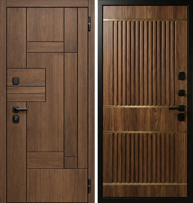 Металлическая дверь орех с рейками и латунными вставками №226