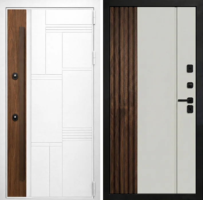 Железная белая дверь с рейками и МДФ-панелью №254