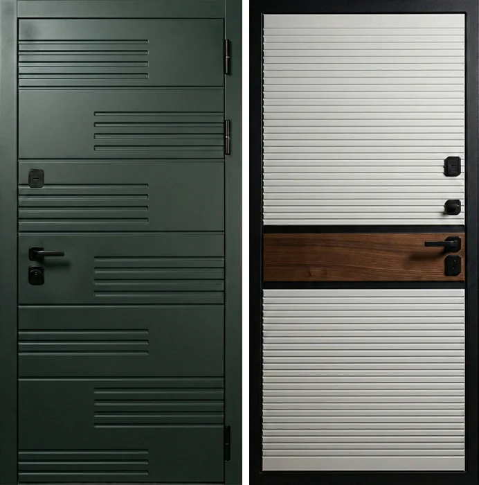 Входная дверь графит с белой панелью и древесной вставкой №358