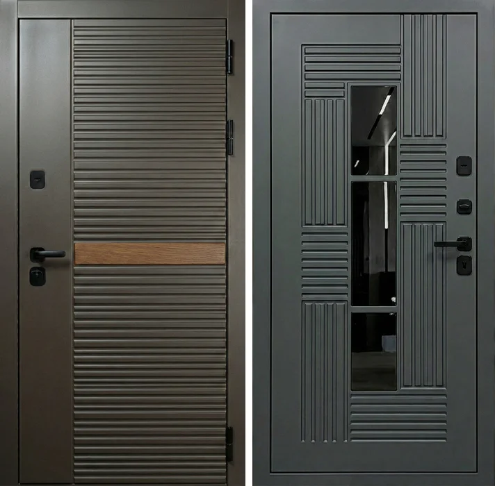 Стальная дверь графит с зеркальной вставкой и рельефом №342