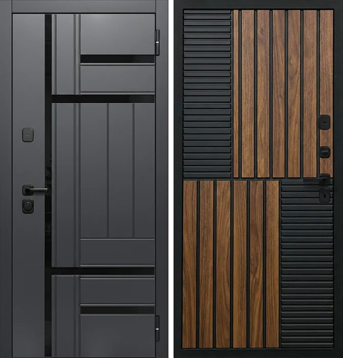 Металлическая дверь лофт графит и дубовые рейки №197