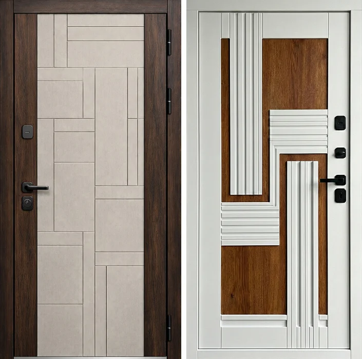 Стальная дверь с геометрической МДФ-панелью белый орех №266