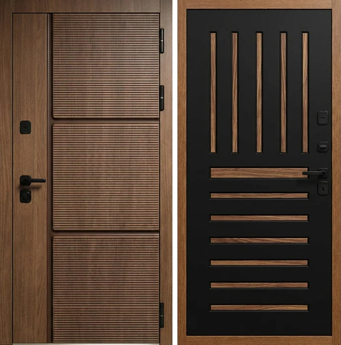 Входная дверь орех и чёрный муар с декоративными вставками №330