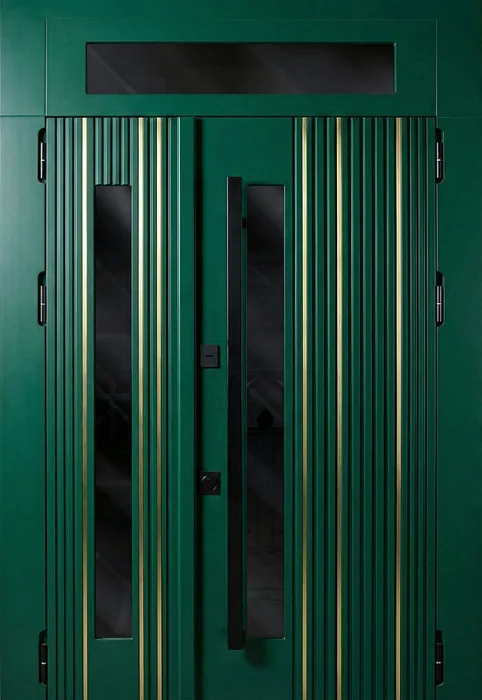 Входная дверь изумрудная рифлёная со стеклом и латунью №110