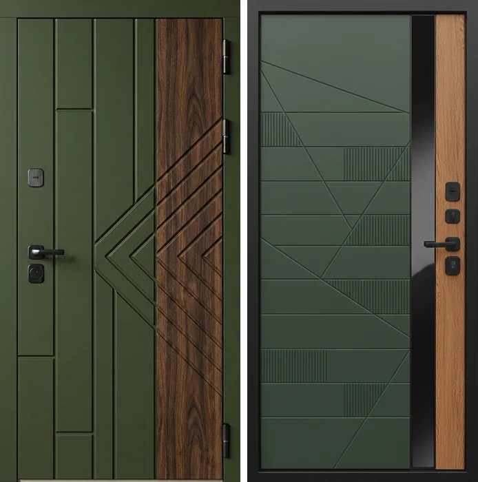 Металлическая дверь оливковая с древесной вставкой №288