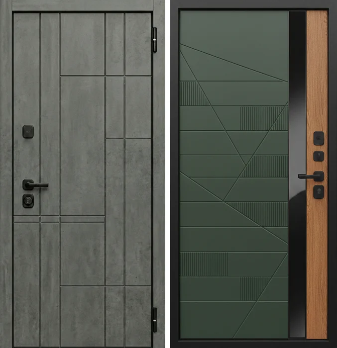 Входная дверь бетон с зелёной панелью для квартиры №258