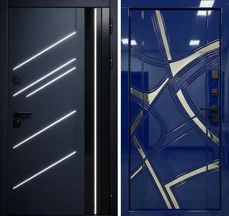Металлическая дверь синяя глянцевая с LED-подсветкой №277