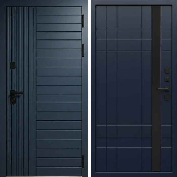 Входная синяя дверь с рифлёной панелью модерн №332