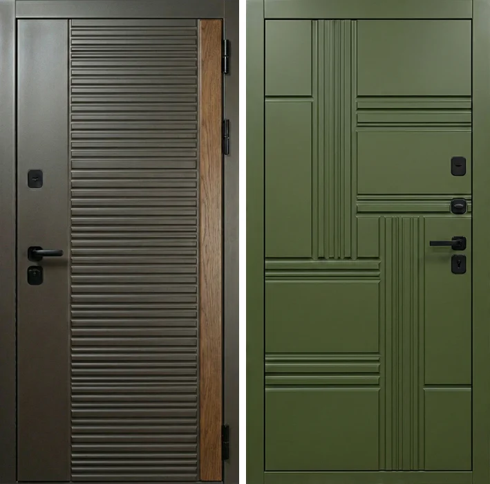 Стальная дверь оливковая с геометрической фрезеровкой №219