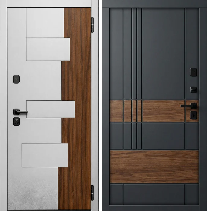 Стальная белая дверь с древесными вставками модерн №260