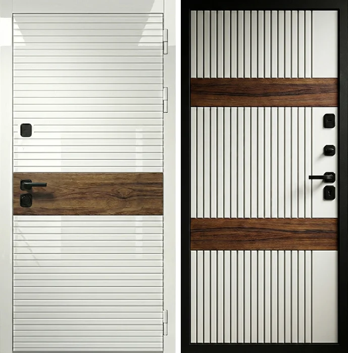 Стальная белая дверь с рифлением и древесными вставками №347