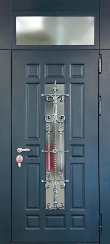 Серая дверь с ковкой и стеклопакетом №57