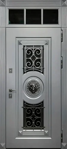 Уличная металлическая дверь с кованным львом №62