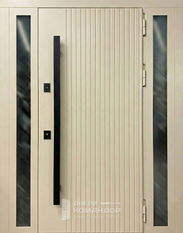 Входная дверь айвори с вертикальными рейками и боковыми стеклопакетами №55 - наружная сторона