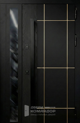 Железная чёрная дверь с золотыми линиями и узким стеклом №138 - наружная сторона
