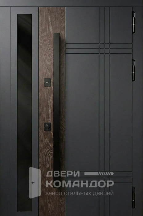 Железная дверь графит с узким остеклением и вставкой под орех №98