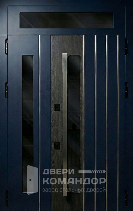 Железная входная дверь синяя с вертикальными линиями и стеклянными вставками №127