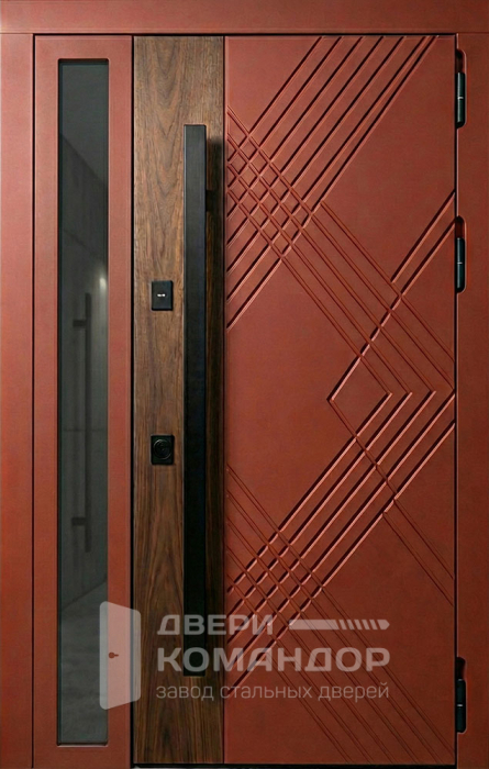 Входная металлическая дверь терракота с диагональной фрезеровкой и стеклом №123