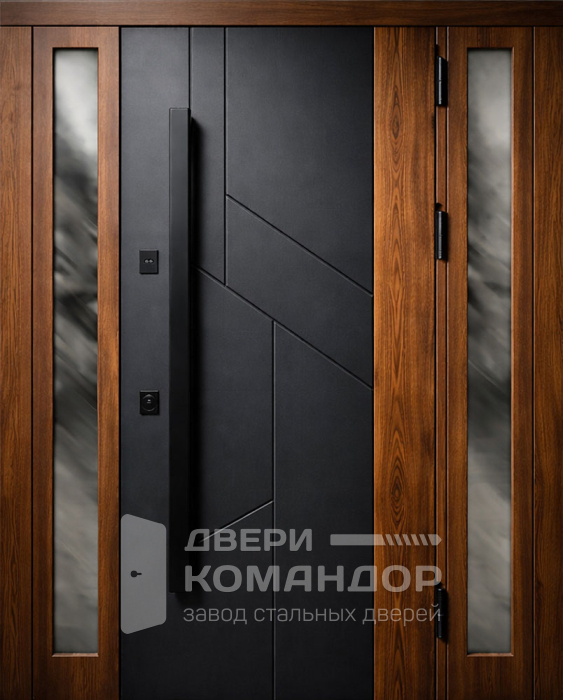 Входная дверь чёрная с геометрией и остеклением для частного дома №61