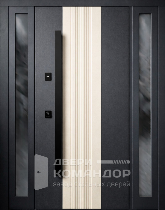 Железная входная дверь графит с белой вставкой и остеклением №48