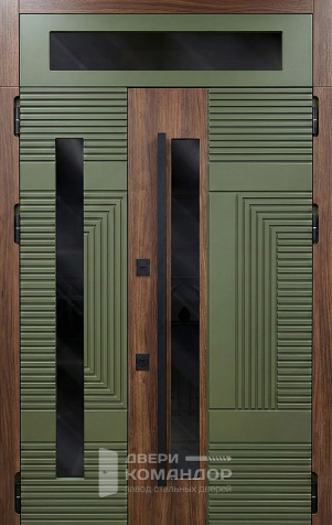 Стальная дверь оливковая с деревом с фрамугой и вертикальным стеклом №109 - наружная сторона