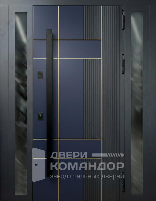 Стальная входная дверь синяя с боковым остеклением и длинной ручкой №40