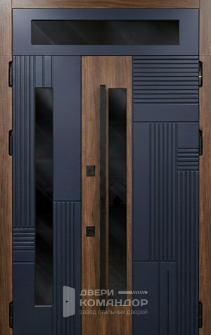 Металлическая входная дверь тёмно-синяя под дуб с остеклением №124 - наружная сторона