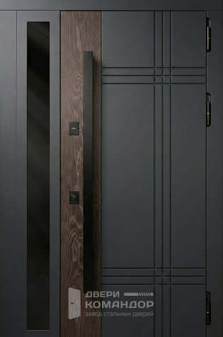 Железная дверь графит с узким остеклением и вставкой под орех №98 - наружная сторона